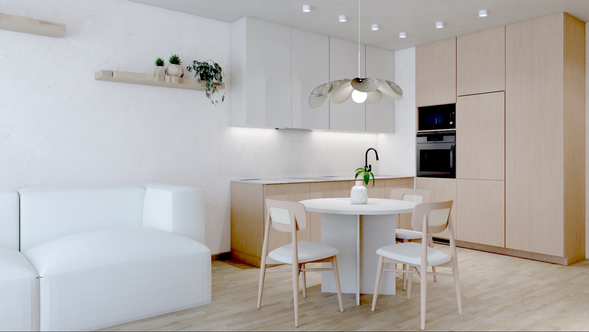 Jasna kuchnia z jadalnią: biała sofa, okrągły stół z krzesłami, drewniane szafki, czarny kran i designerska lampa wisząca. Minimalistyczny wystrój z roślinami.