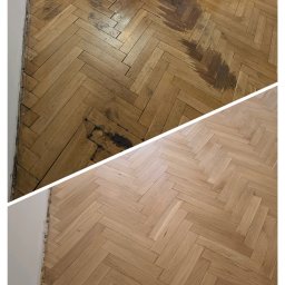 Phu Erwin Franek - Parkiet ułożony w jodełkę, podzielony na dwie części: górna z widocznymi plamami i zabrudzeniami, dolna po renowacji, z jasnym, jednolitym kolorem drewna.
