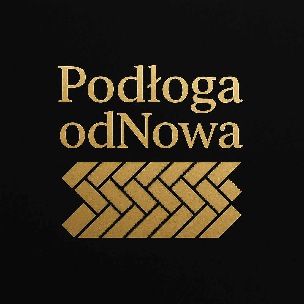 Eleganckie logo 'Podłoga odNowa' w złotej kolorystyce na czarnym tle. Grafika przedstawia stylizowany wzór parkietu ułożonego w jodełkę.