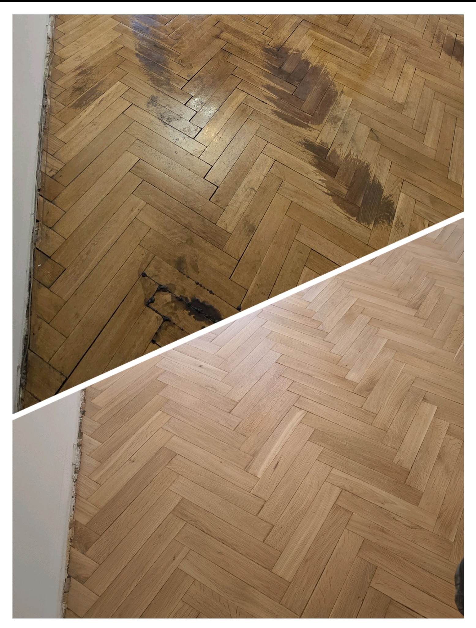 Parkiet ułożony w jodełkę, podzielony na dwie części: górna z widocznymi plamami i zabrudzeniami, dolna po renowacji, z jasnym, jednolitym kolorem drewna.