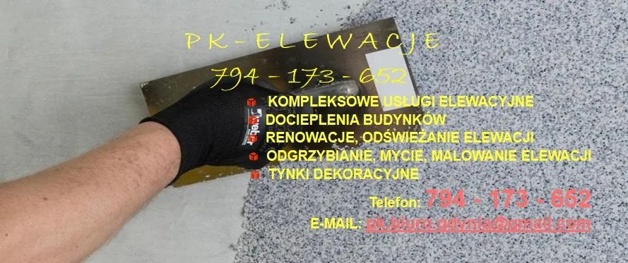 Nakładanie tynku dekoracyjnego na elewację. Widoczna dłoń w rękawicy z narzędziem i fragment gotowej powierzchni. Reklama usług elewacyjnych z danymi kontaktowymi.