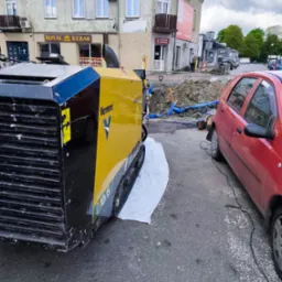 Żółta maszyna Vermeer D10x15 na ulicy, widoczny wykop zabezpieczony taśmą, czerwony samochód i budynek z szyldem Royal Kebab w tle.