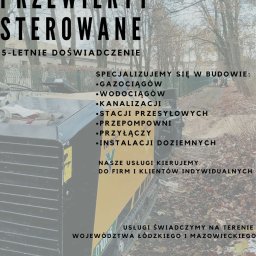 ŻUK Maciej Żukowski - Żółto-czarna maszyna do przewiertów sterowanych z informacjami o specjalizacji w budowie gazociągów, wodociągów i kanalizacji. Widoczne dane kontaktowe.