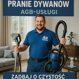 Artur Goska AGB-USŁUGI - Uśmiechnięty mężczyzna z logiem AGB-Usługi w niebieskiej koszulce polo trzyma sprzęt do prania dywanów na tle salonu. Plakat 'Pranie Dywanów'