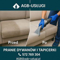 Artur Goska AGB-USŁUGI - Pranie tapicerki kanapy: po lewej widoczny brudny fragment, po prawej czyszczony fragment przez osobę w niebieskich rękawicach z użyciem specjalistycznego sprzętu.