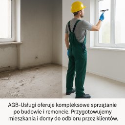 Artur Goska AGB-USŁUGI - Sprzątanie po remoncie: widok pokoju przed i po, pracownik w kombinezonie myje okno. Kontrast czystości i bałaganu.