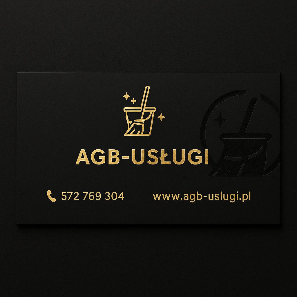 Elegancka wizytówka firmy AGB-Usługi z ikoną wiadra i mopa, numerem telefonu i adresem strony internetowej na teksturowanym, czarnym tle.