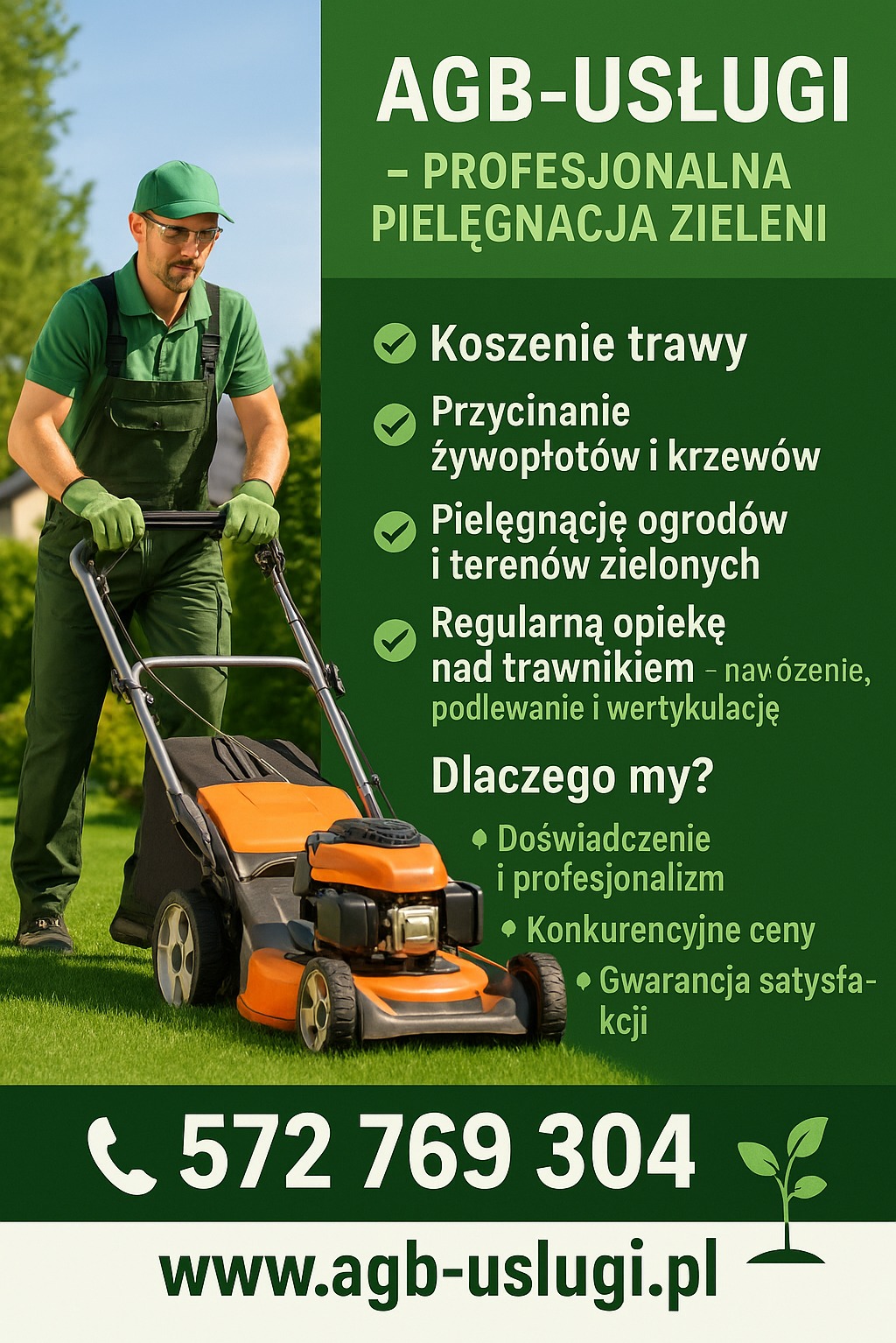 Mężczyzna w zielonym stroju kosi trawę pomarańczową kosiarką. Reklama usług ogrodniczych z numerem telefonu i adresem strony internetowej AGB-Usługi.
