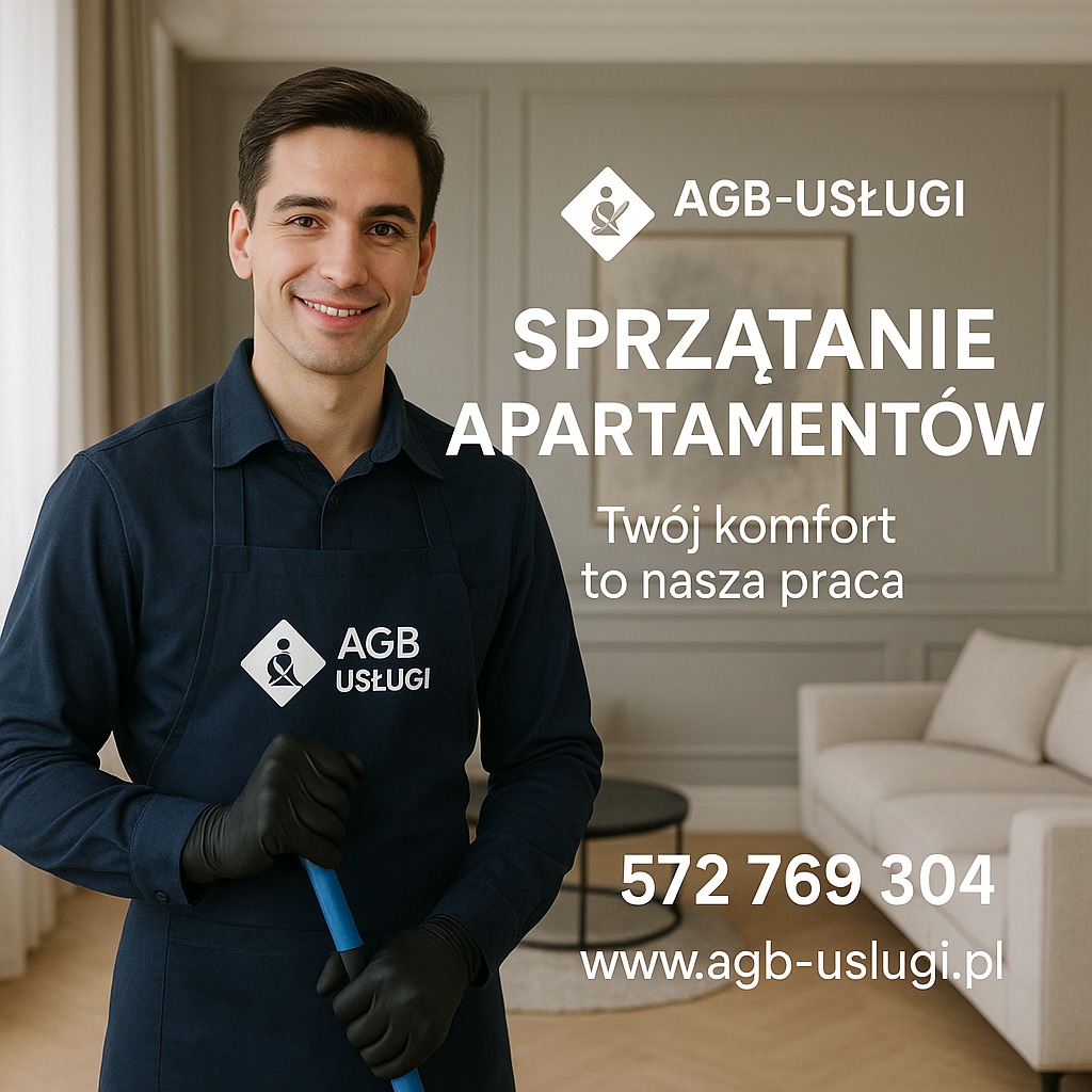 Uśmiechnięty mężczyzna w fartuchu AGB-Usługi, z mopem, promuje sprzątanie apartamentów. W tle salon z sofą. Kontakt: 572 769 304, www.agb-uslugi.pl.