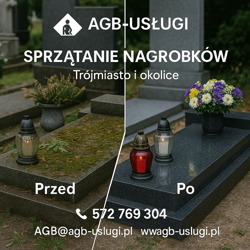 Sprzątanie nagrobków: porównanie stanu przed (z mchem) i po czyszczeniu (błyszczący, z kwiatami). Reklama firmy AGB-Usługi z Trójmiasta.