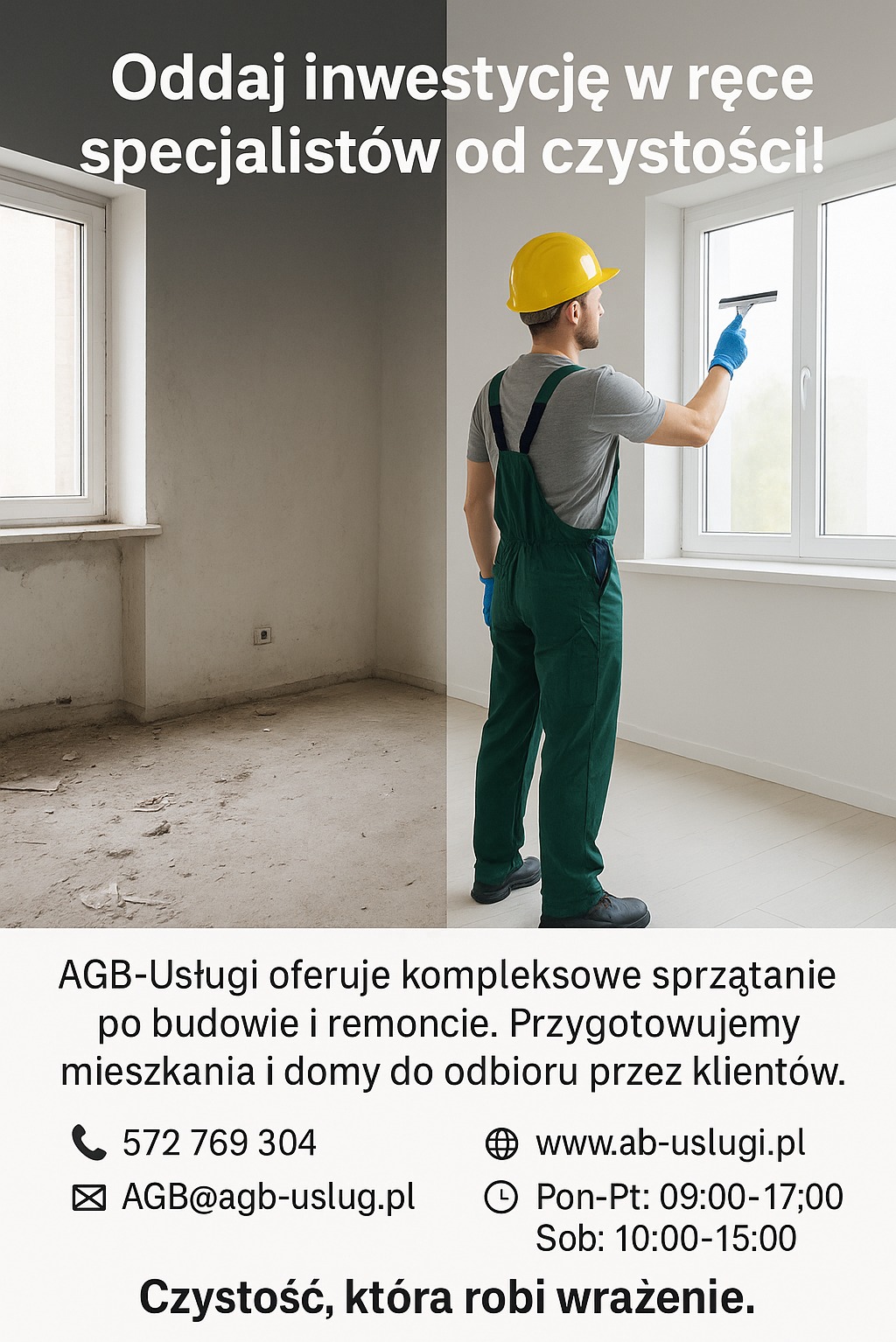 Sprzątanie po remoncie: widok pokoju przed i po, pracownik w kombinezonie myje okno. Kontrast czystości i bałaganu.