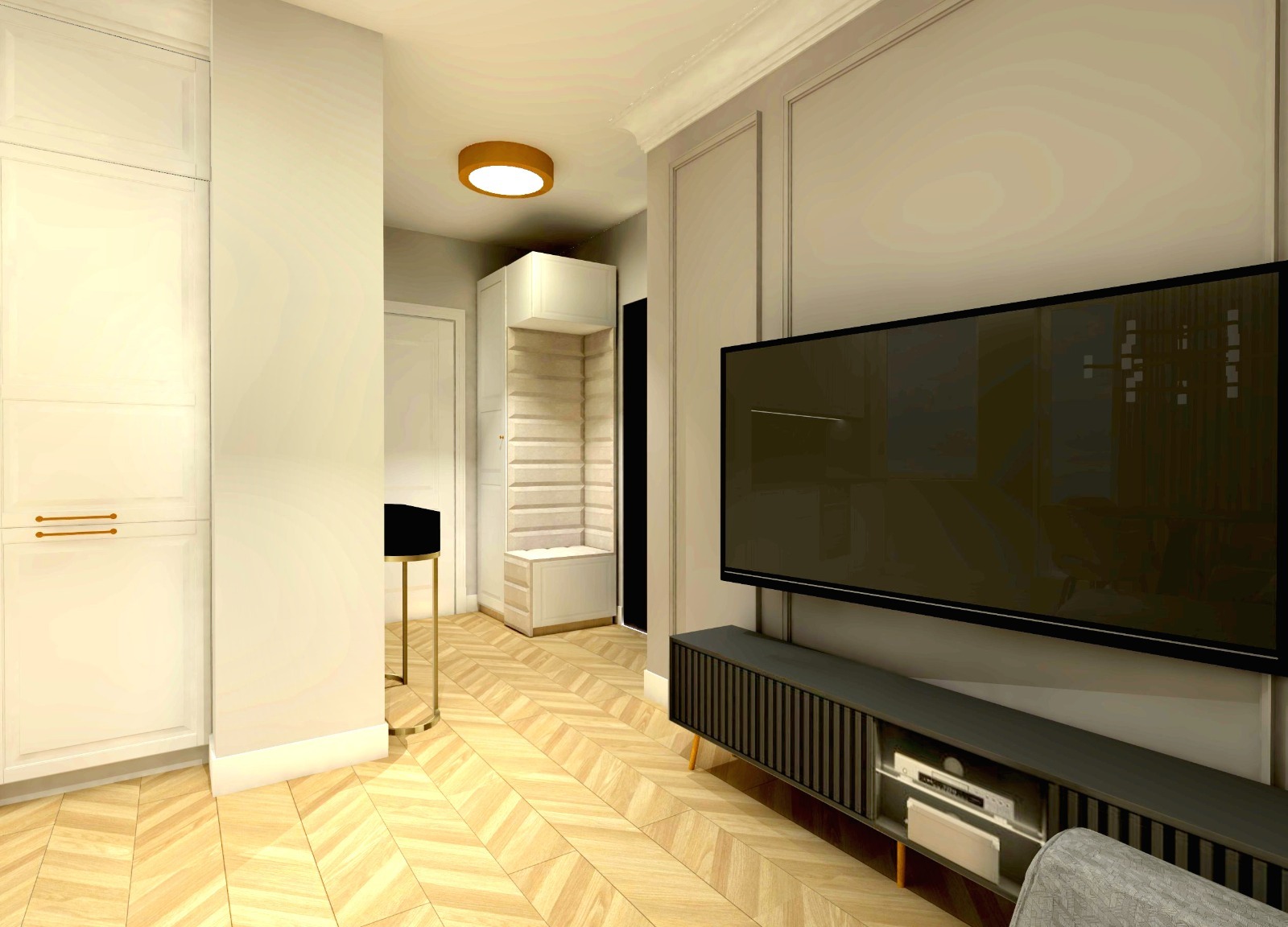 Nowoczesny salon z telewizorem na ścianie z dekoracyjnymi panelami. Na podłodze parkiet ułożony we wzór jodełki. W tle widoczna zabudowa meblowa i oświetlenie.