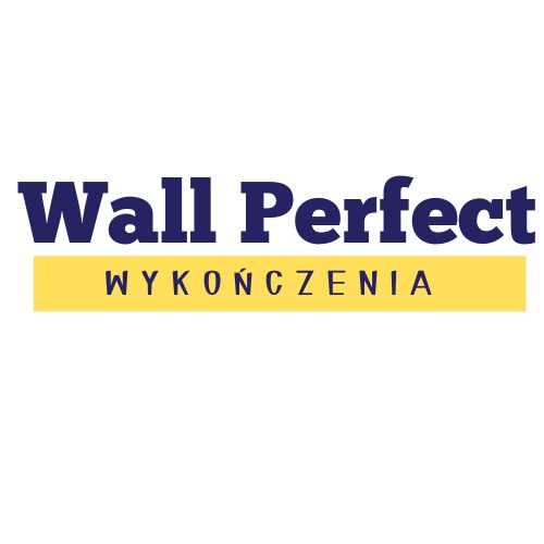 Logo firmy 'Wall Perfect' oferującej wykończenia wnętrz. Granatowy napis na białym tle z żółtym paskiem z napisem 'Wykończenia'.