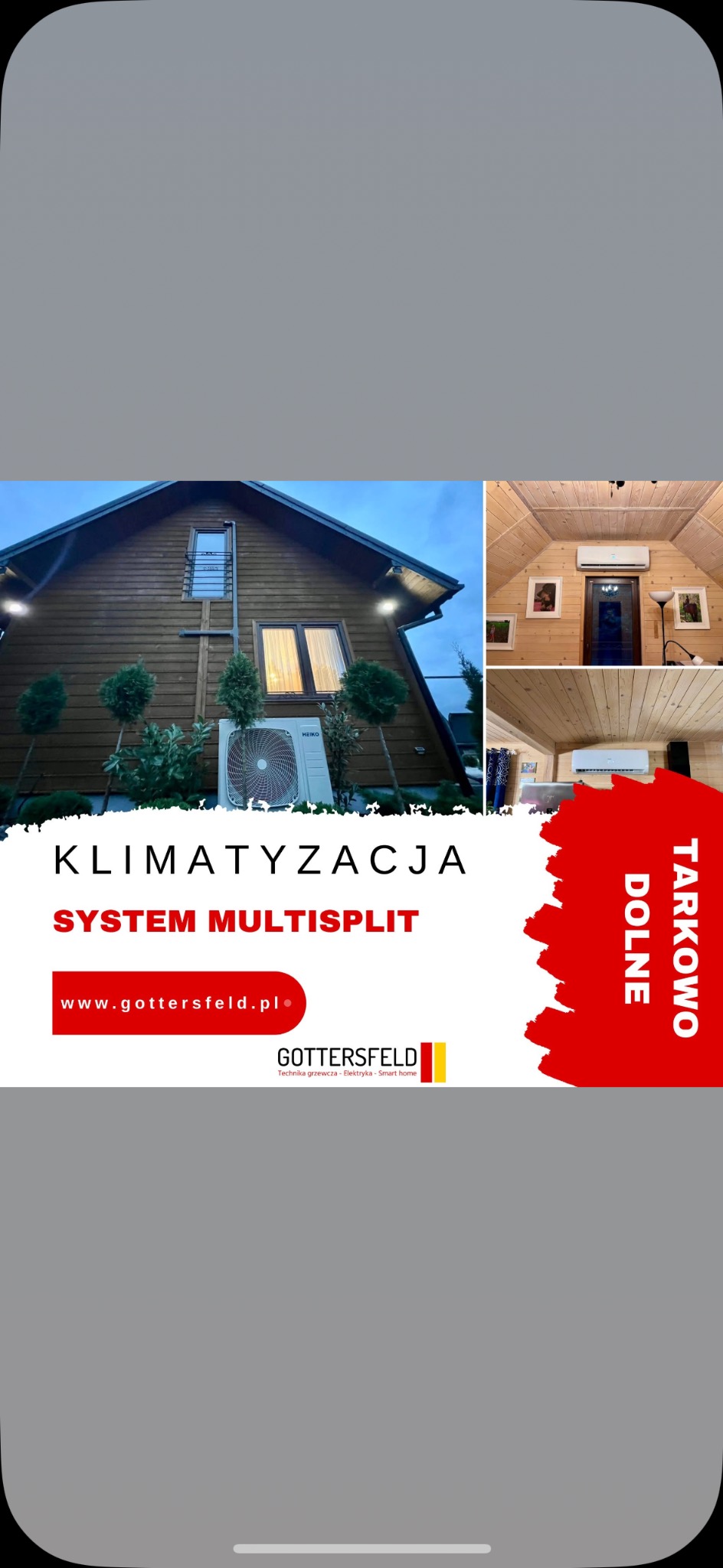 System klimatyzacji multisplit zamontowany na zewnątrz i wewnątrz drewnianego domu w Tarkowie Dolnym. Reklama firmy Gottersfeld.