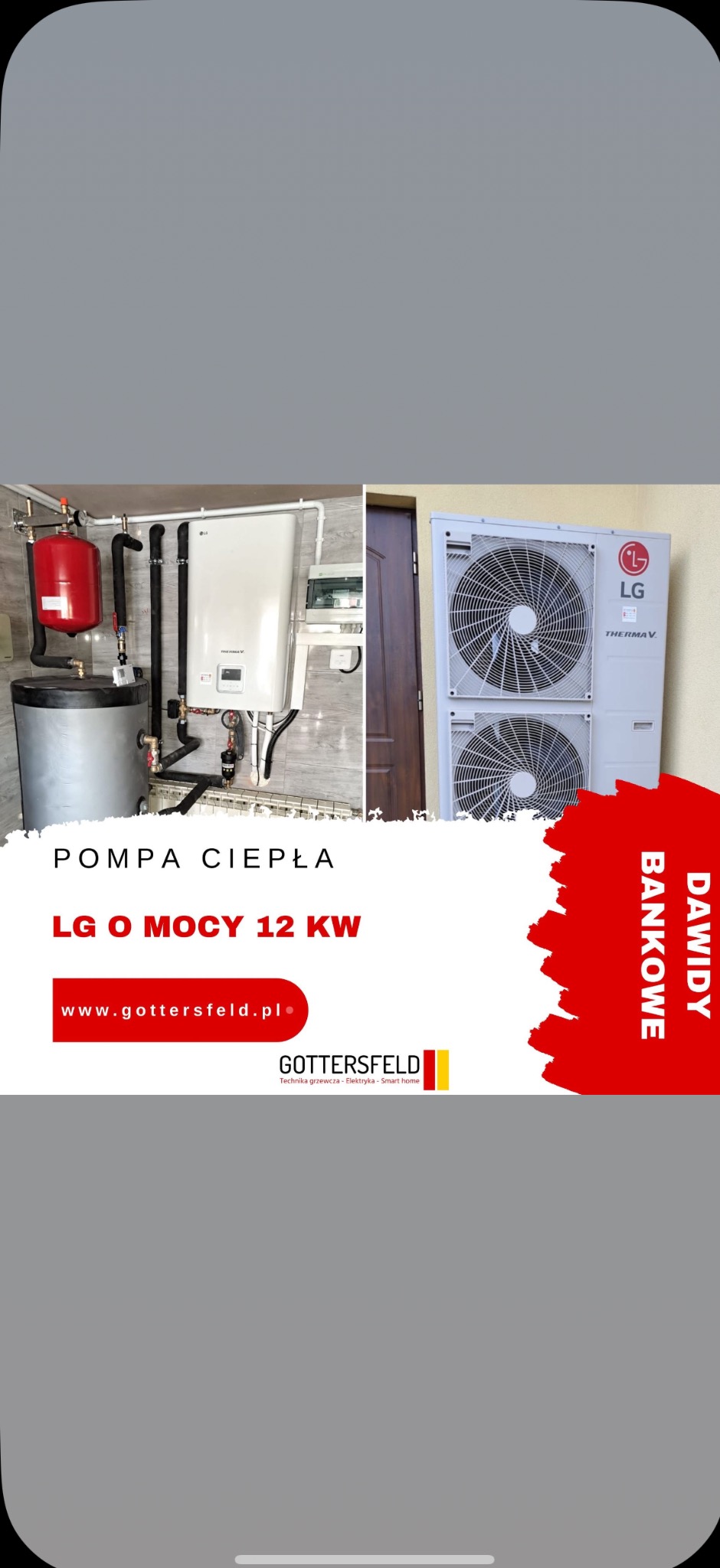 Kompletna instalacja pompy ciepła LG Therma V o mocy 12 kW, z widocznym zbiornikiem, jednostką wewnętrzną i zewnętrzną, zamontowana na ścianie i obok drzwi.