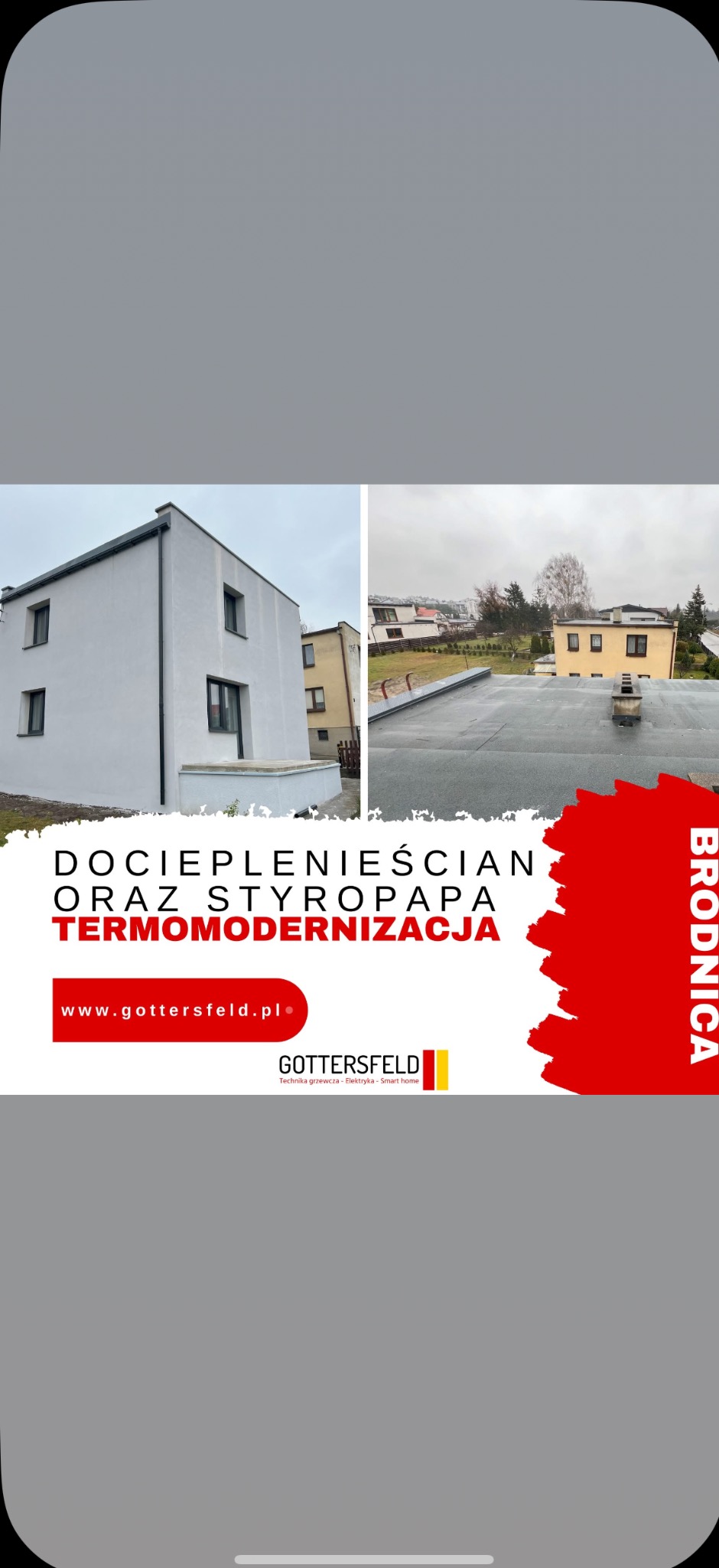 Termomodernizacja domu: ocieplenie ścian i dachu styropapą. Widoczne efekty prac elewacyjnych i izolacyjnych. Grafika reklamowa firmy Gottersfeld z Brodnicy.