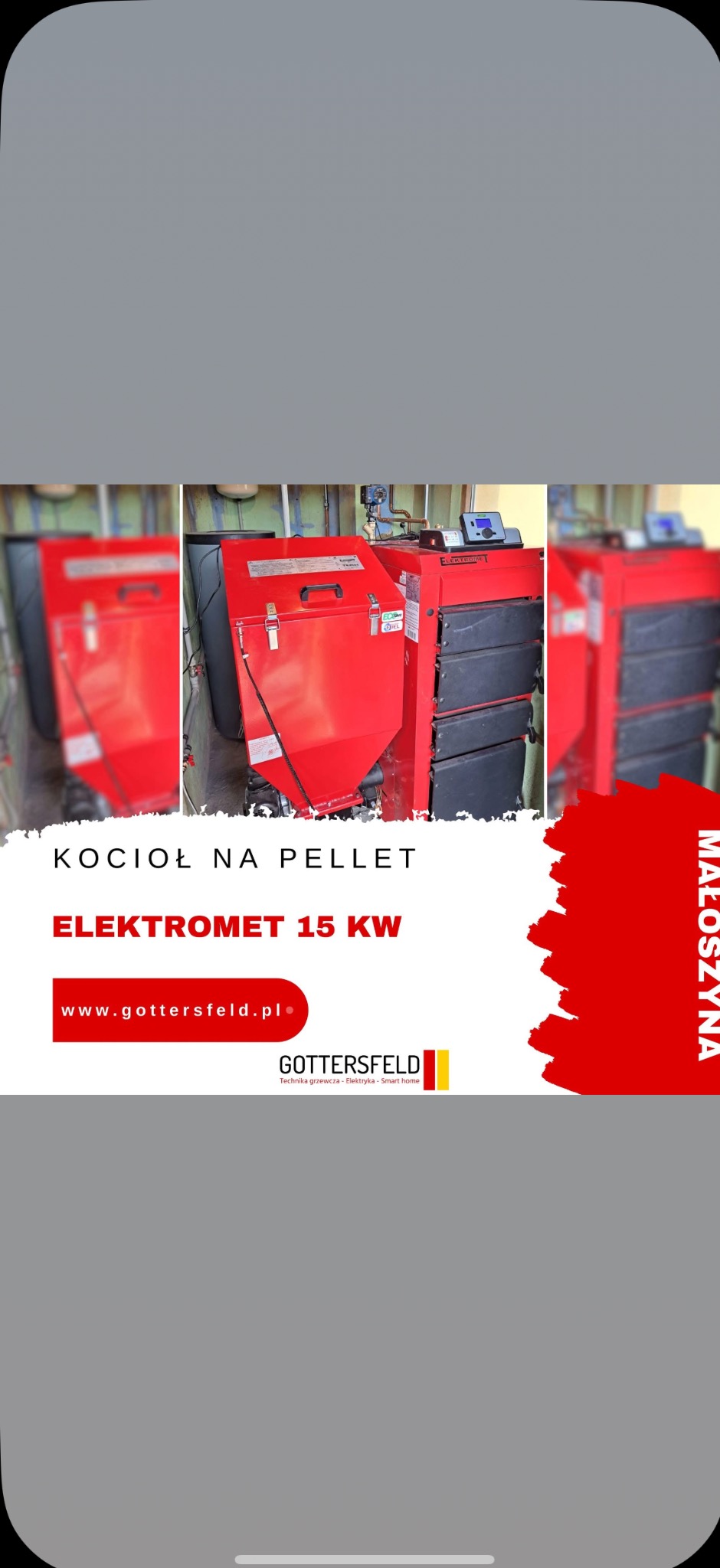 Czerwony kocioł na pellet Elektromet 15 kW z podajnikiem, prezentowany na tle grafiki reklamowej firmy Gottersfeld, specjalizującej się w technice grzewczej.