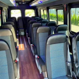 Wnętrze autobusu z rzędami foteli z niebieskimi wstawkami i drewnianą podłogą. Widoczne okna z zielenią na zewnątrz i oświetlenie sufitowe.