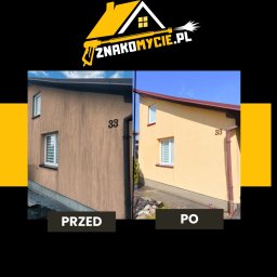 Znakomycie.pl - Elewacja budynku: porównanie stanu przed i po czyszczeniu. Budynek z numerem 33, widoczne różnice w kolorze i czystości ściany.