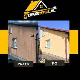 Elewacja budynku: porównanie stanu przed i po czyszczeniu. Budynek z numerem 33, widoczne różnice w kolorze i czystości ściany.