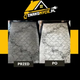 Dywan z abstrakcyjnym wzorem, prezentowany w układzie 'przed' i 'po' czyszczeniu. Widoczna różnica w kolorze i czystości włókien.