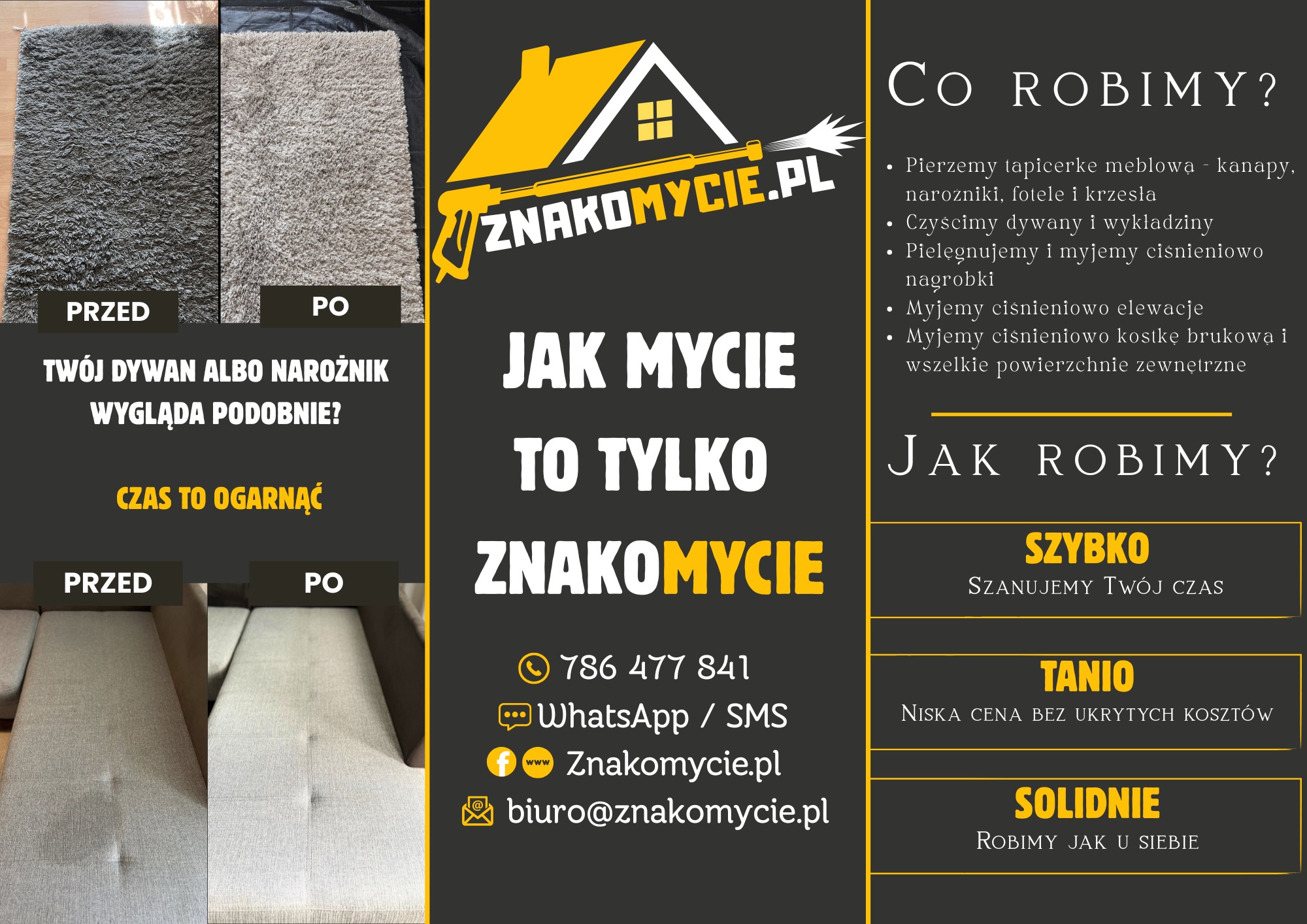 Dywan i kanapa przed i po czyszczeniu, z widocznym efektem odświeżenia. Reklama firmy Znakomycie.pl z hasłem: 'Jak mycie to tylko Znakomycie'.