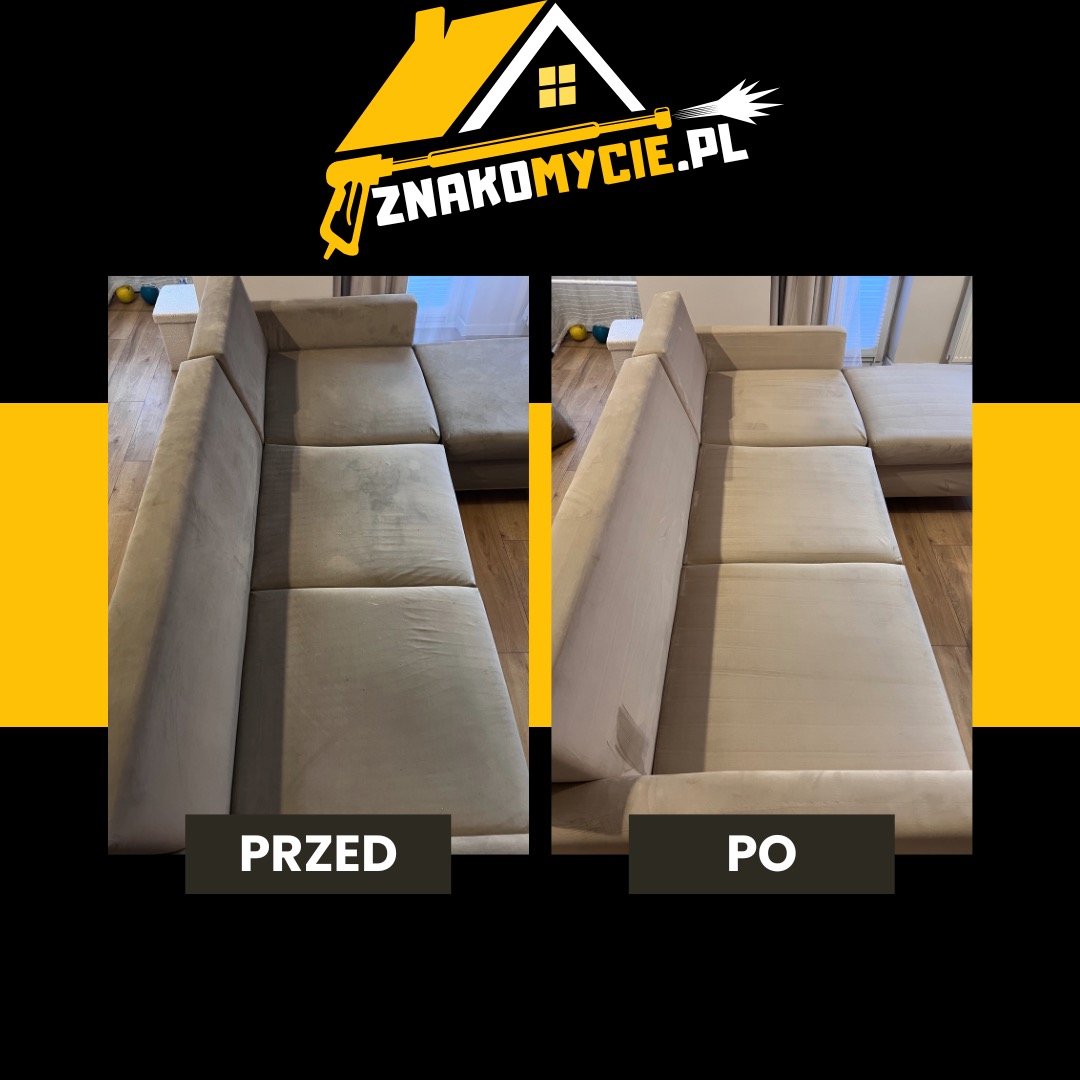 Sofa narożna w odcieniach beżu, prezentująca efekt czyszczenia: widoczna różnica między zabrudzoną (przed) a odświeżoną (po) częścią tapicerki. Ujęcie z bliska, w dziennym świetle.