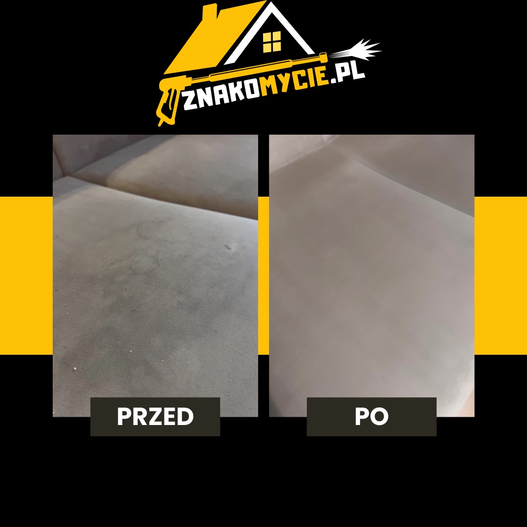 Pranie tapicerki kanapy: widok przed i po czyszczeniu. Po lewej zabrudzona powierzchnia, po prawej czysta, jednolita. Na dole napisy PRZED i PO.
