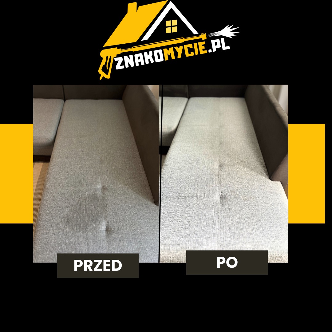 Sofa narożna, tapicerka szara. Porównanie stanu przed i po czyszczeniu, widoczne różnice w odświeżeniu materiału. Ujęcie z góry, symetryczny podział kadru.