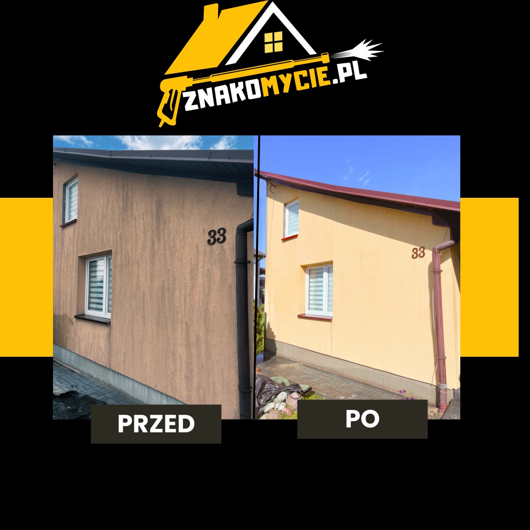 Elewacja budynku: porównanie stanu przed i po czyszczeniu. Budynek z numerem 33, widoczne różnice w kolorze i czystości ściany.