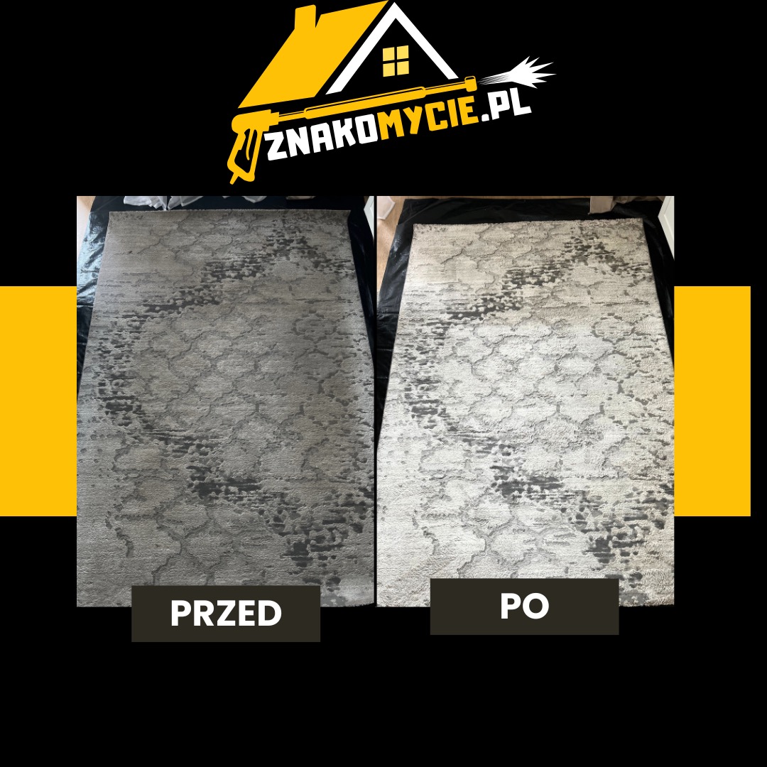 Dywan z abstrakcyjnym wzorem, prezentowany w układzie 'przed' i 'po' czyszczeniu. Widoczna różnica w kolorze i czystości włókien.