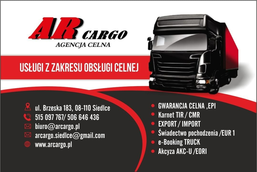 Czarna ciężarówka z czerwoną naczepą na grafice informacyjnej Agencji Celnej AR Cargo z Siedlec. Usługi z zakresu obsługi celnej, kontakt i dane firmy.
