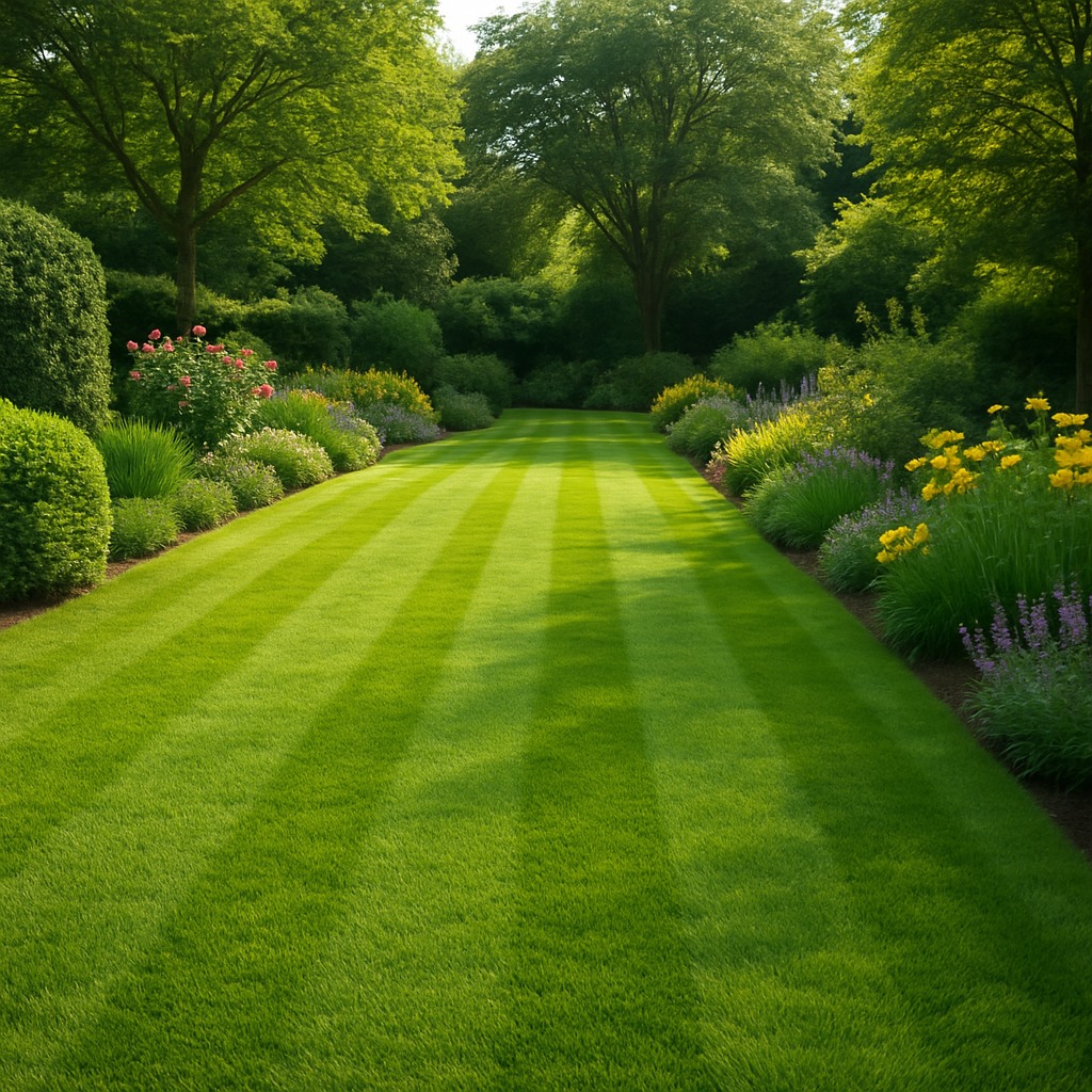 Perfekcyjnie skoszony trawnik z równymi pasami, obramowany rabatami kwiatowymi w słonecznym ogrodzie. Idealna zieleń, symetryczny układ, zadbane rośliny.