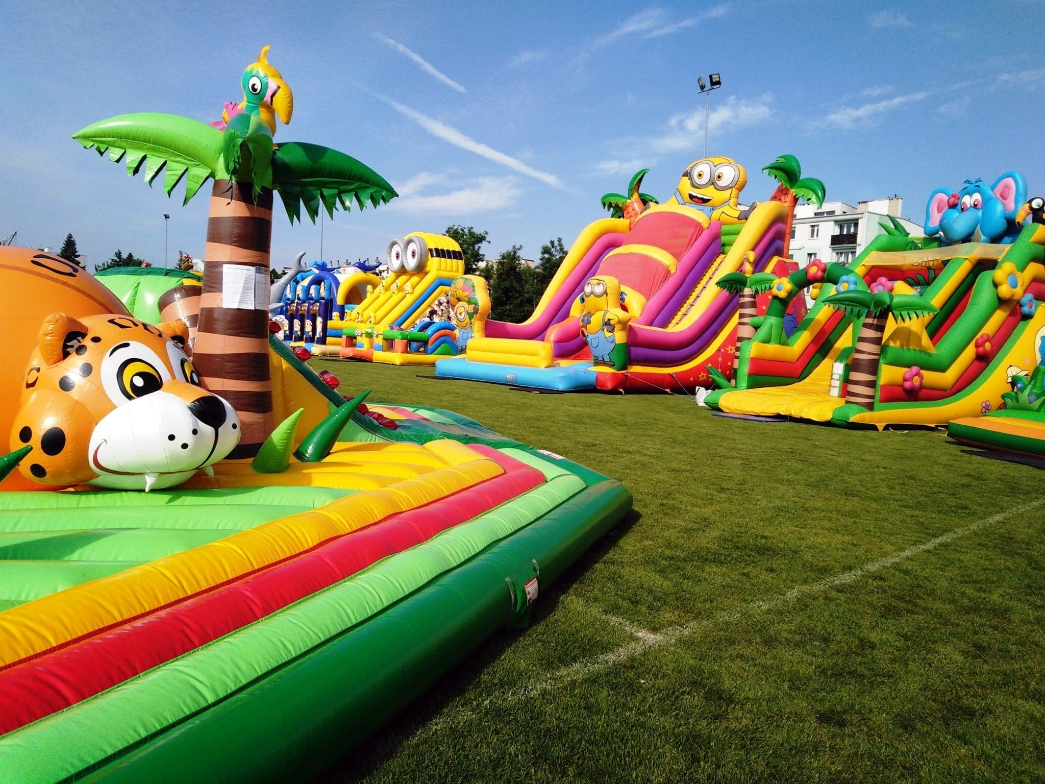 Kolorowe dmuchańce z motywami zwierząt i postaci z bajek na zielonej trawie pod błękitnym niebem. Różnorodność kształtów i wzorów tworzy radosny park rozrywki.