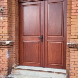 Dwuskrzydłowe, ciemnobrązowe drzwi drewniane z czarną klamką, wkomponowane w ceglaną fasadę budynku z łukowym nadprożem. Widoczne detale wykończenia i faktura drewna.