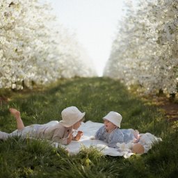 bambolina.photo Natalia Gdak - Dwoje dzieci w kapeluszach leży na kocu na trawie w sadzie kwitnących drzew. Jasne, naturalne światło, miękkie kolory, perspektywa z dołu.
