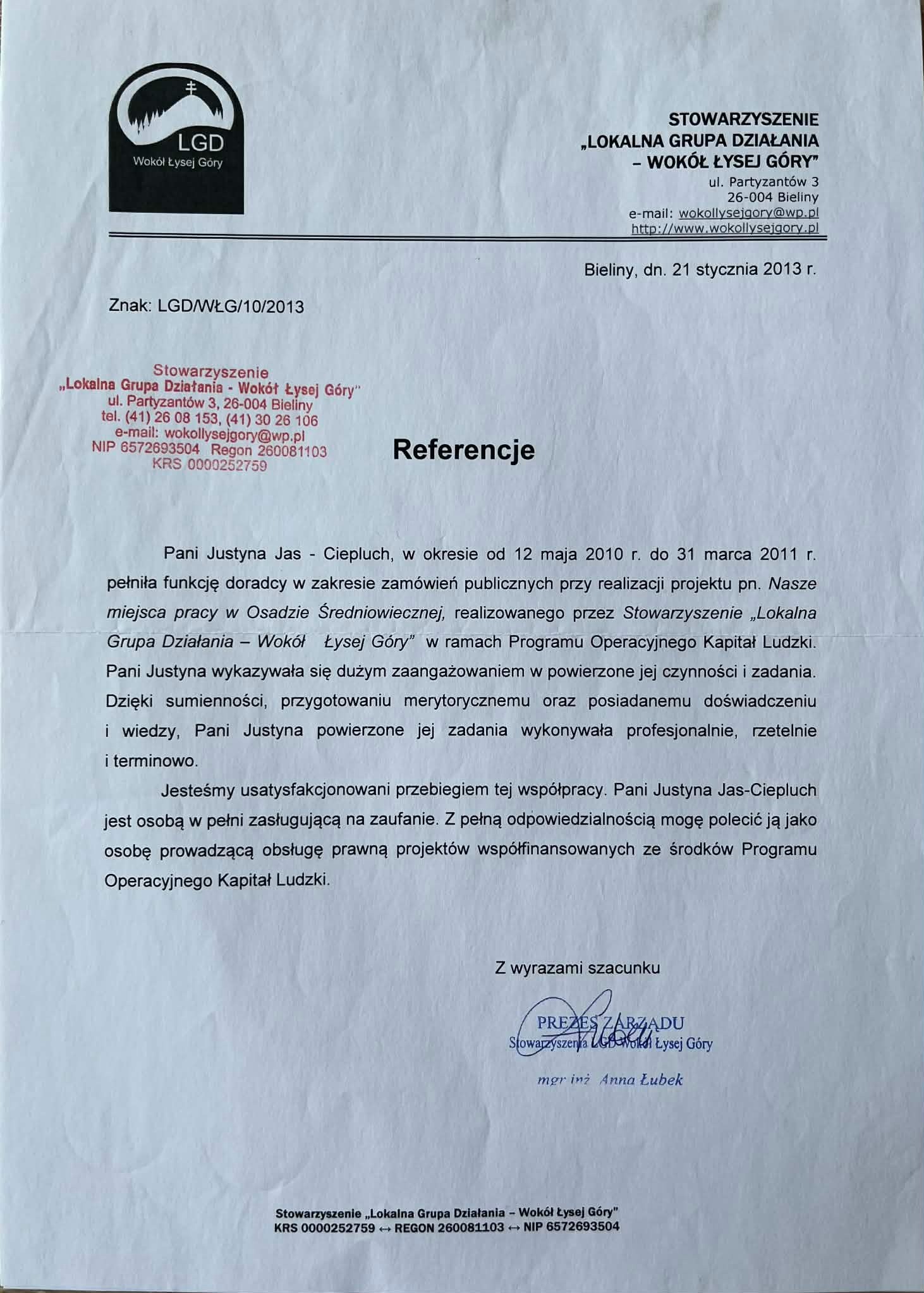 Skan dokumentu referencyjnego dla Pani Justyny Jas-Ciepluch, wystawionego przez Stowarzyszenie Lokalna Grupa Działania Wokół Łysej Góry, datowany na 21 stycznia 2013.