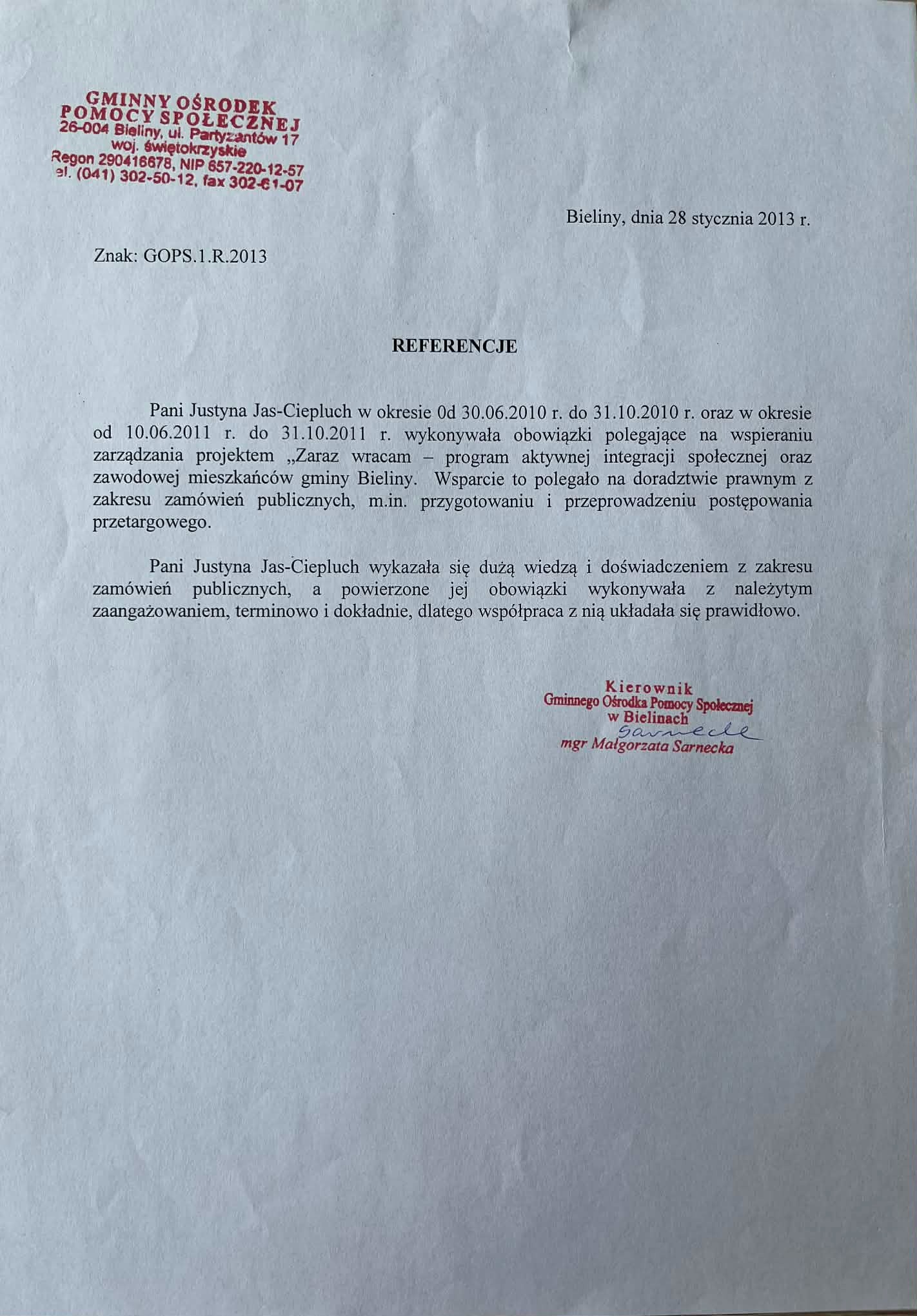 Dokument referencyjny z Gminnego Ośrodka Pomocy Społecznej w Bielinach, potwierdzający doradztwo prawne w zakresie zamówień publicznych dla Pani Justyny Jas-Ciepluch.