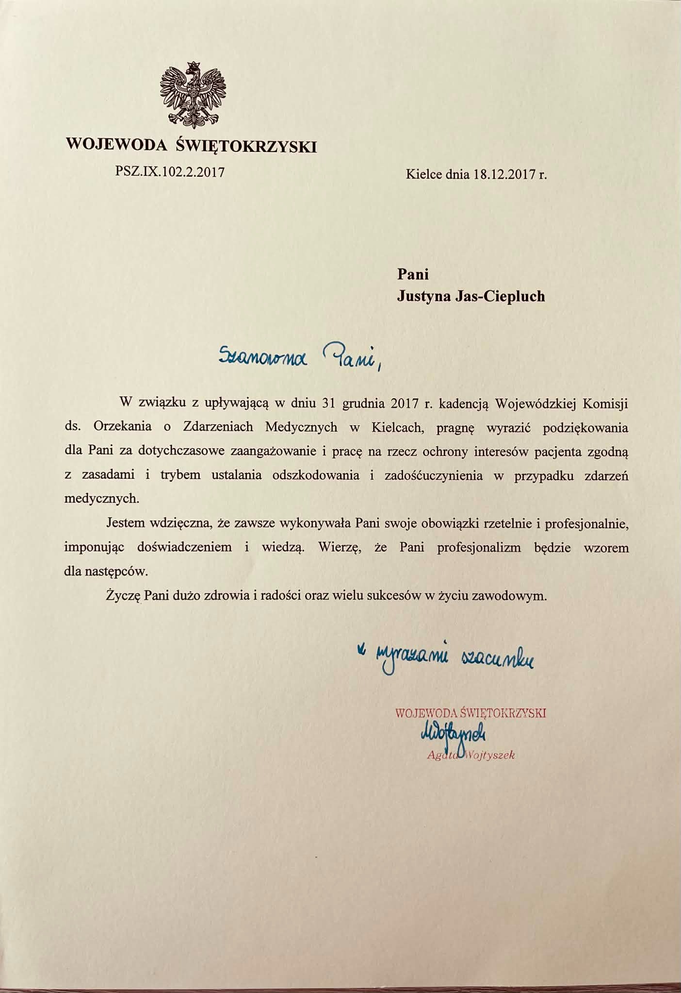 Pismo z podziękowaniem dla Pani Justyny Jas-Ciepluch z Wojewódzkiej Komisji ds. Orzekania o Zdarzeniach Medycznych w Kielcach, datowane na 18.12.2017.