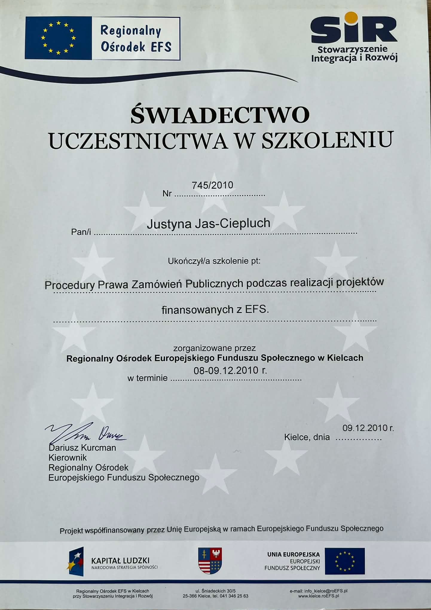 Skan świadectwa uczestnictwa w szkoleniu z zakresu procedur prawa zamówień publicznych, zorganizowanego przez Regionalny Ośrodek Europejskiego Funduszu Społecznego.