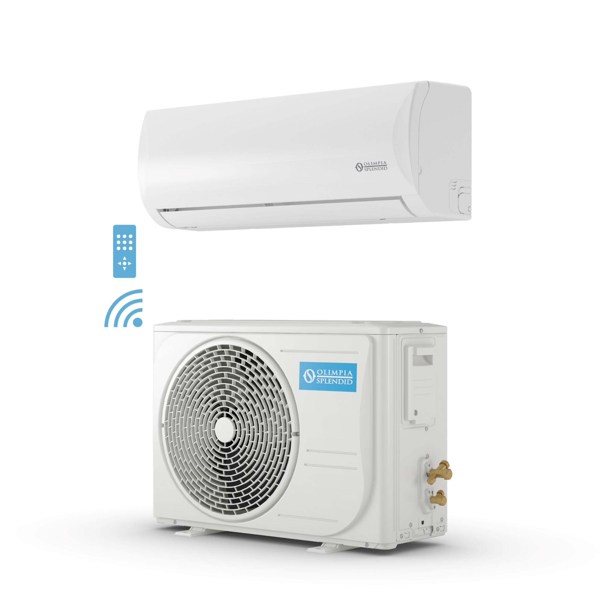 Biała klimatyzacja split marki Olimpia Splendid z pilotem, widoczna jednostka wewnętrzna i zewnętrzna. Minimalistyczny design, nowoczesne rozwiązanie chłodnicze.