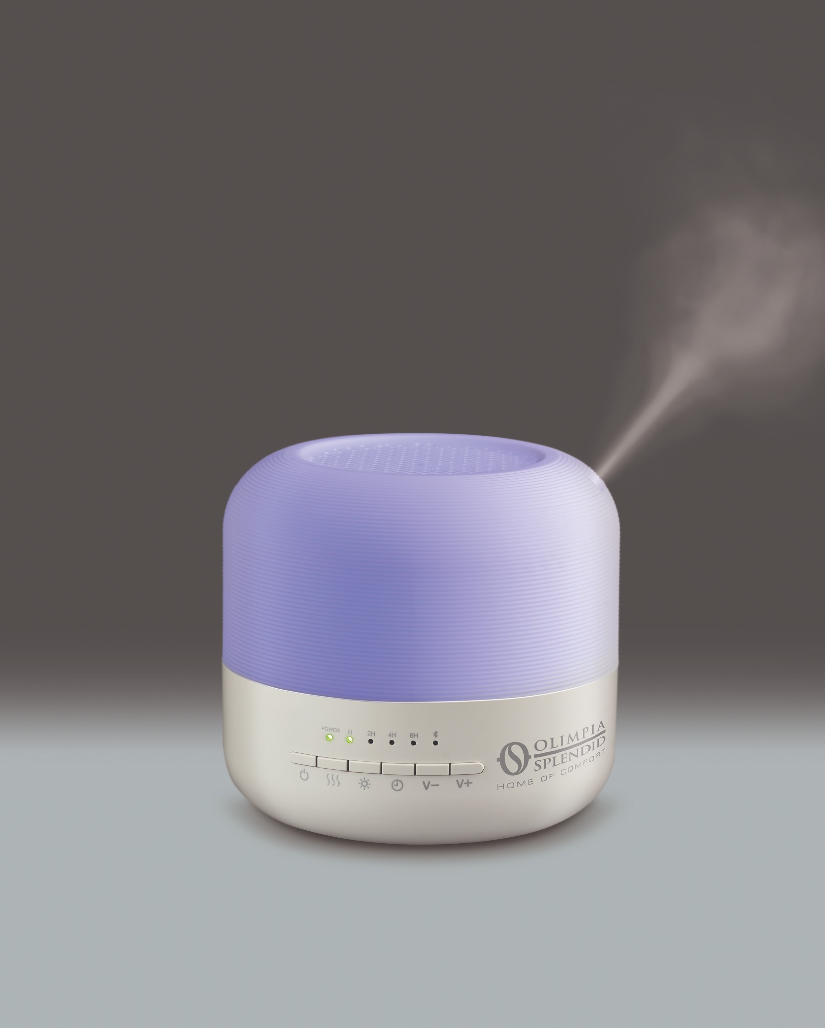Nawilżacz powietrza marki Olimpia Splendid z delikatną parą, podświetlony na fioletowo, z widocznymi przyciskami sterującymi. Idealny do domu i biura.