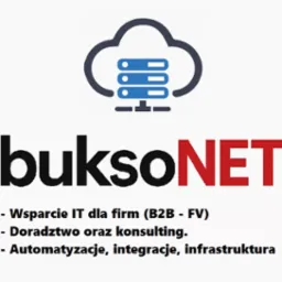 Grafika z logo firmy buksoNET, oferującej wsparcie IT dla firm, doradztwo i automatyzację, integrację oraz infrastrukturę IT. Logo przedstawia chmurę z serwerem.