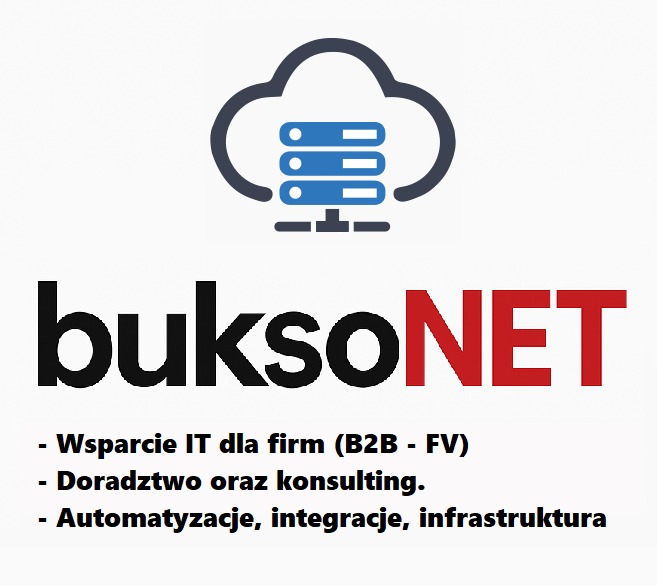 Grafika z logo firmy buksoNET, oferującej wsparcie IT dla firm, doradztwo i automatyzację, integrację oraz infrastrukturę IT. Logo przedstawia chmurę z serwerem.