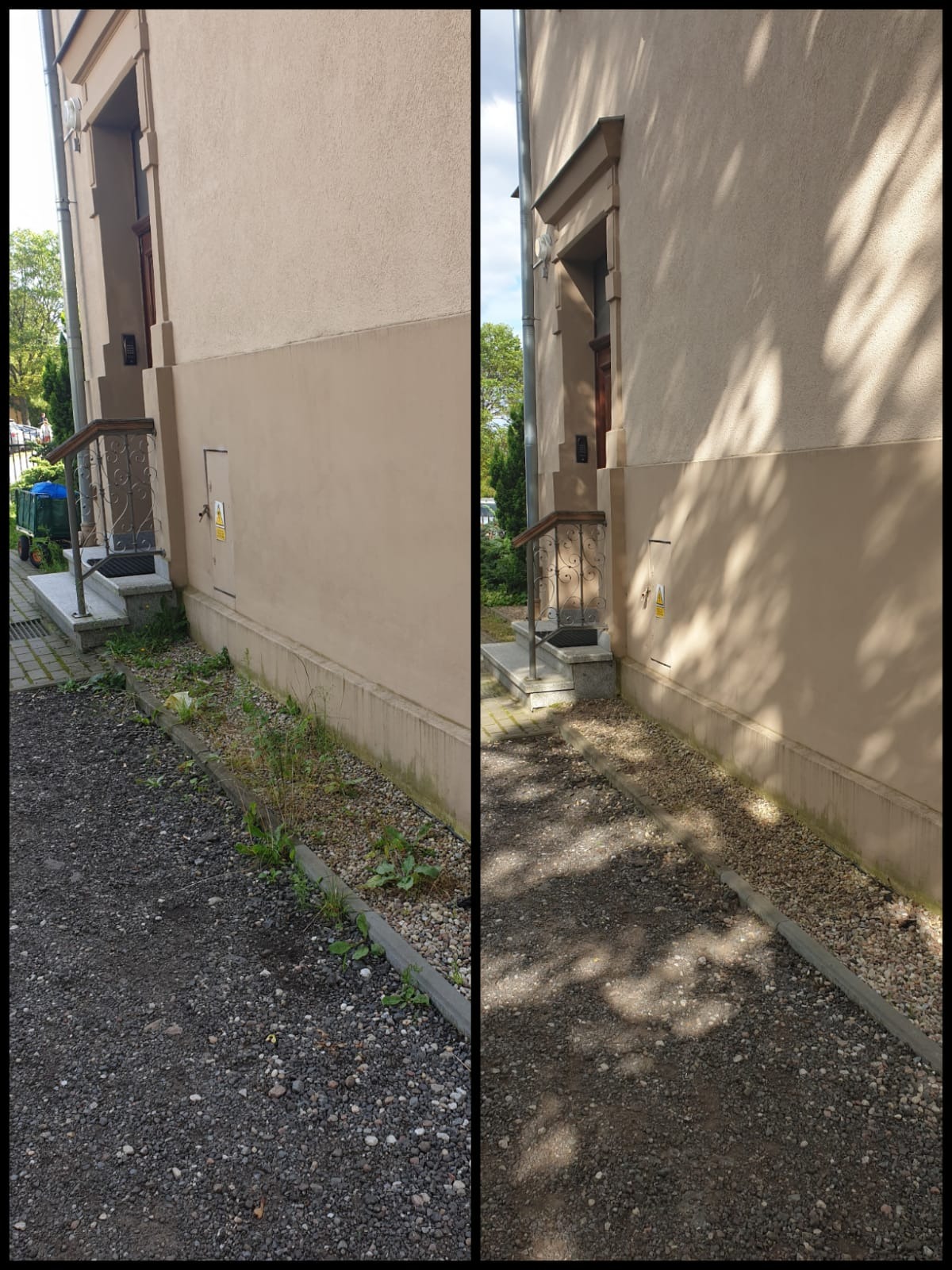 Porównanie stanu rabaty przed i po pielęgnacji: chwasty usunięte, kamień wysypany, schludny wygląd obrzeża budynku.
