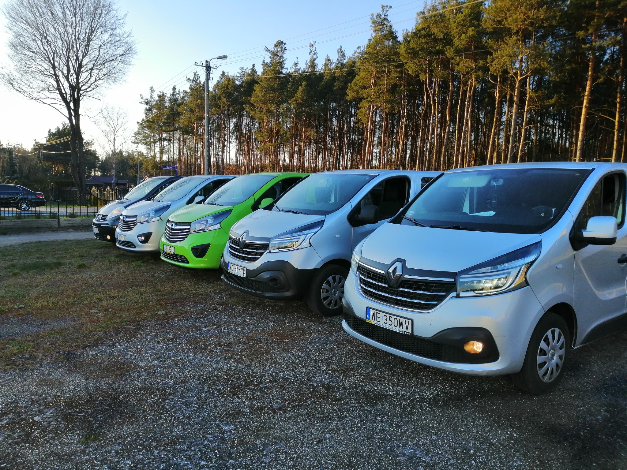 Flota busów Renault Trafic w różnych kolorach (srebrny, zielony) zaparkowana na żwirowym placu, z lasem w tle. Widoczne tablice rejestracyjne.