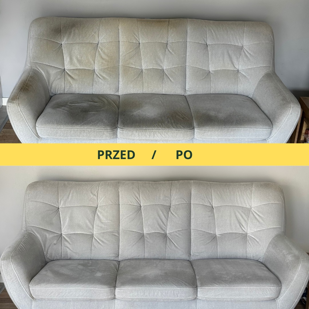 Efekt przed/po czyszczenia kanapy trzyosobowej