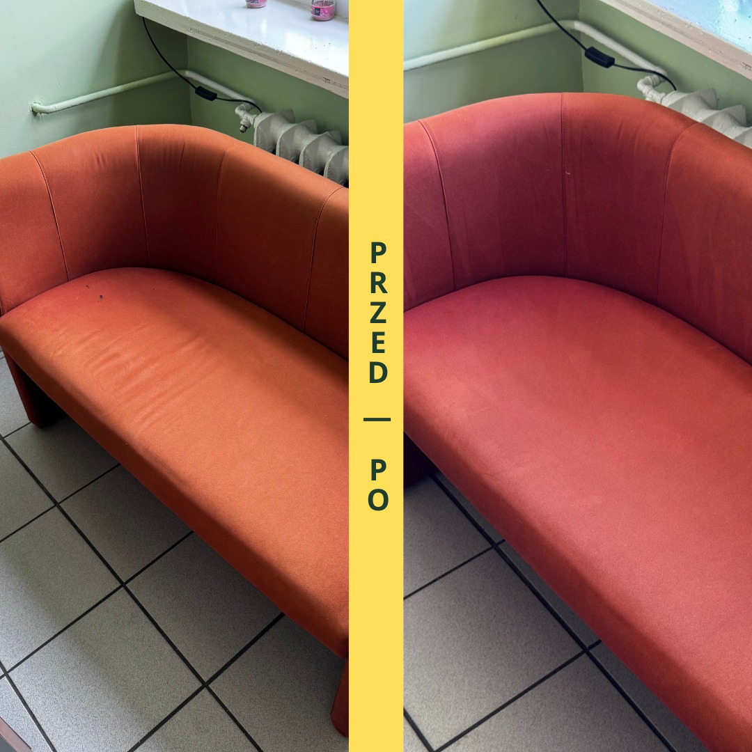 Efekt przed/po prania małej kanapy z plamą po długopisie