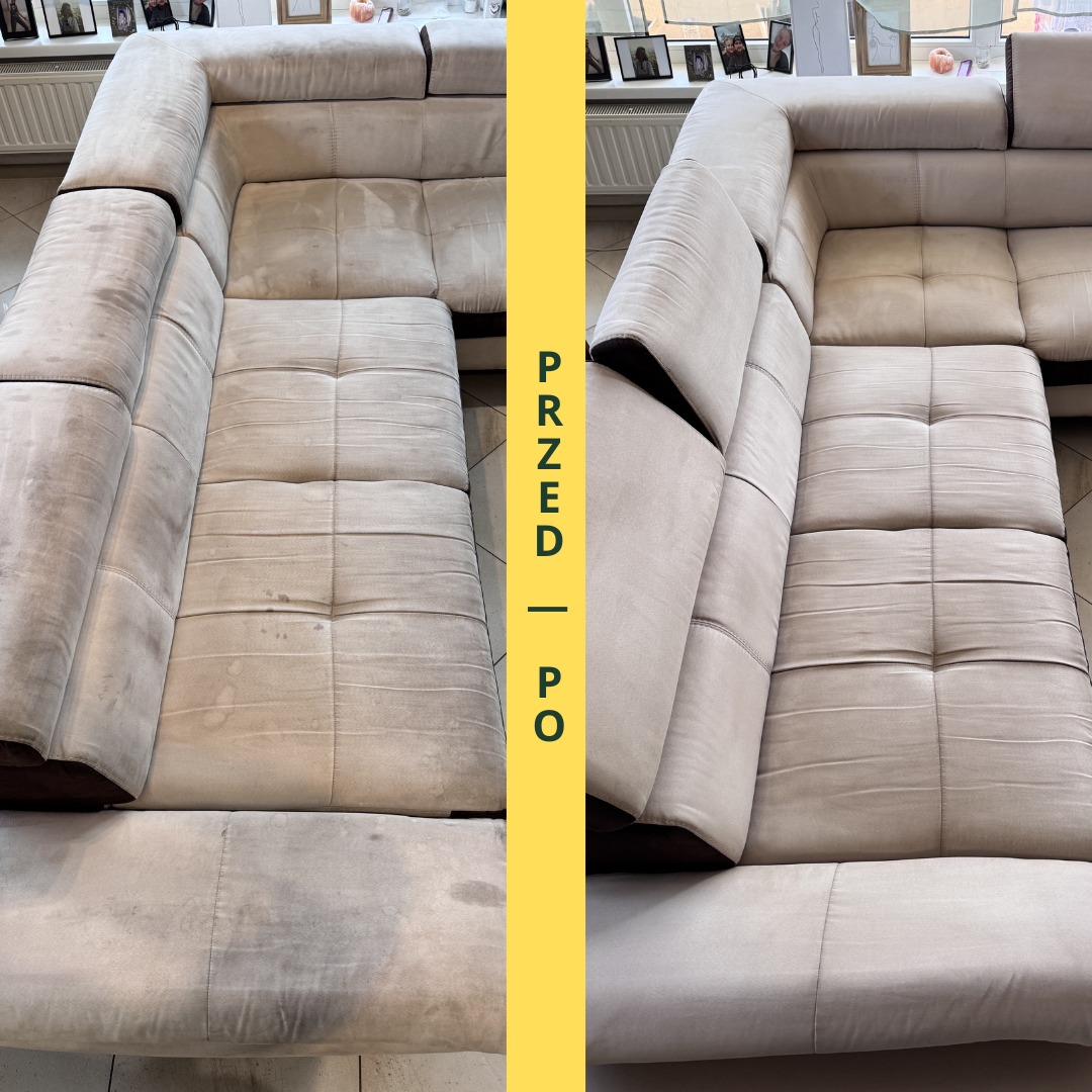 Efekt przed/po prania narożnika z dużą ilością zabrudzeń