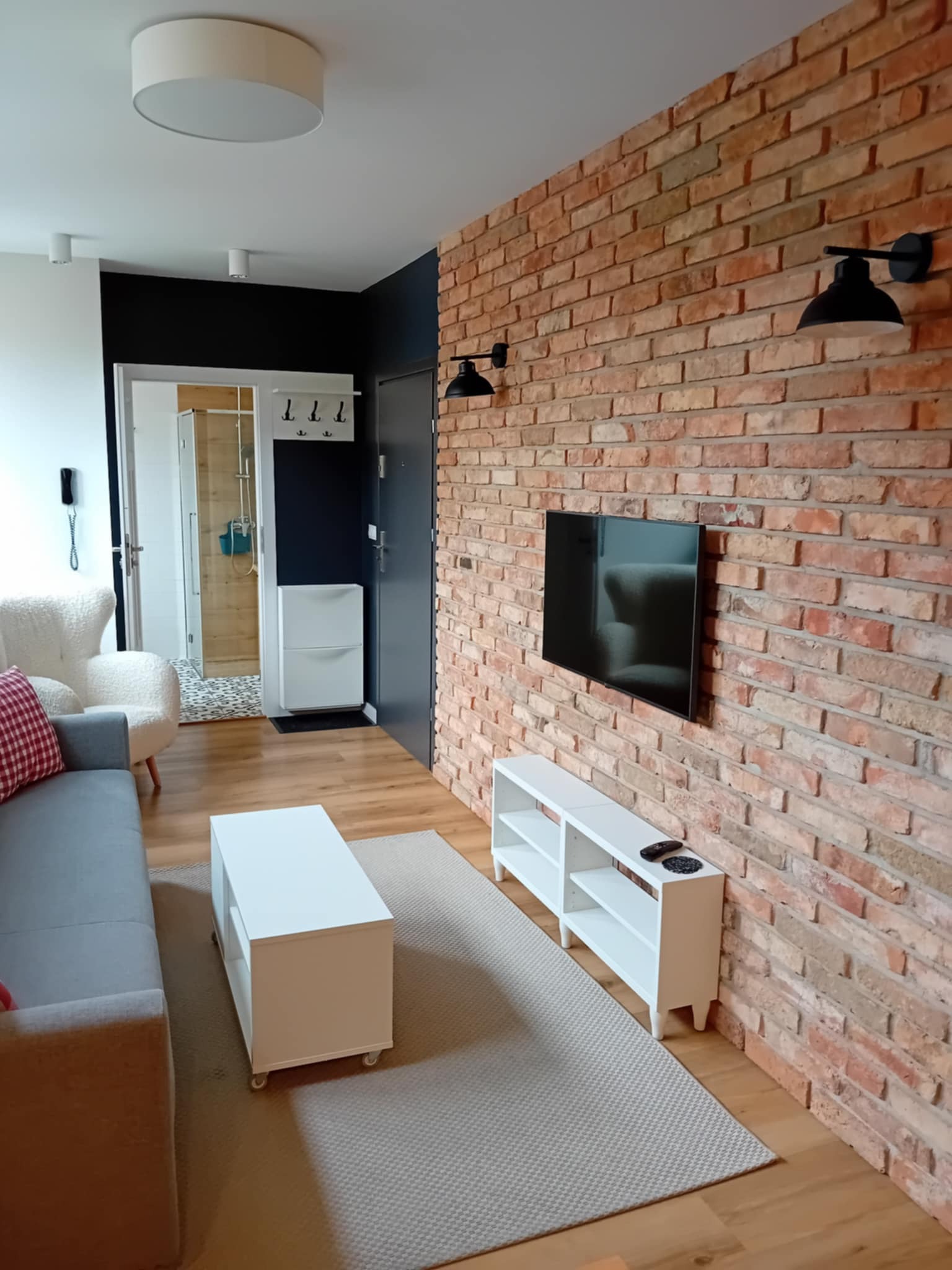 Salon z ceglaną ścianą i telewizorem. Wnętrze po remoncie z szarą sofą, białymi meblami i drewnianą podłogą. Widoczny fragment łazienki.